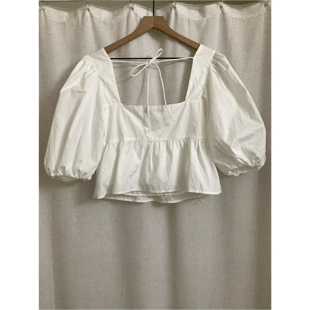 Abercrombie & Fitch Cotton Square-Neck Peplum Poplin Puff Sleeve Top White Med
